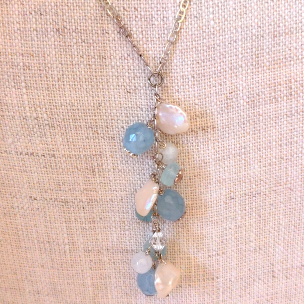 Pearl & multi gemstone dangle necklace. NWOT, Sterling Silver, Aquamarine